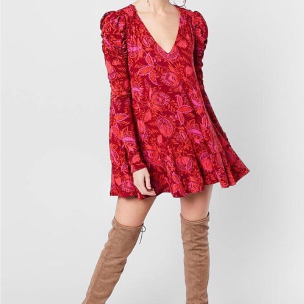 Free People Red Floral Boho Mini Dress Tunic Long Sleeve V Neck Ruched Romanti